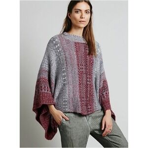 Free People Willow Poncho Sweater Pullover Cowl Neck Red Combo Sz S‎